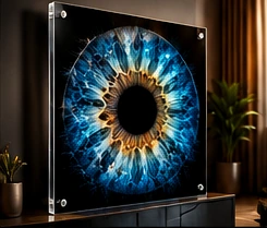 Symmetrical blue iris preserved in polished acrylic artwork